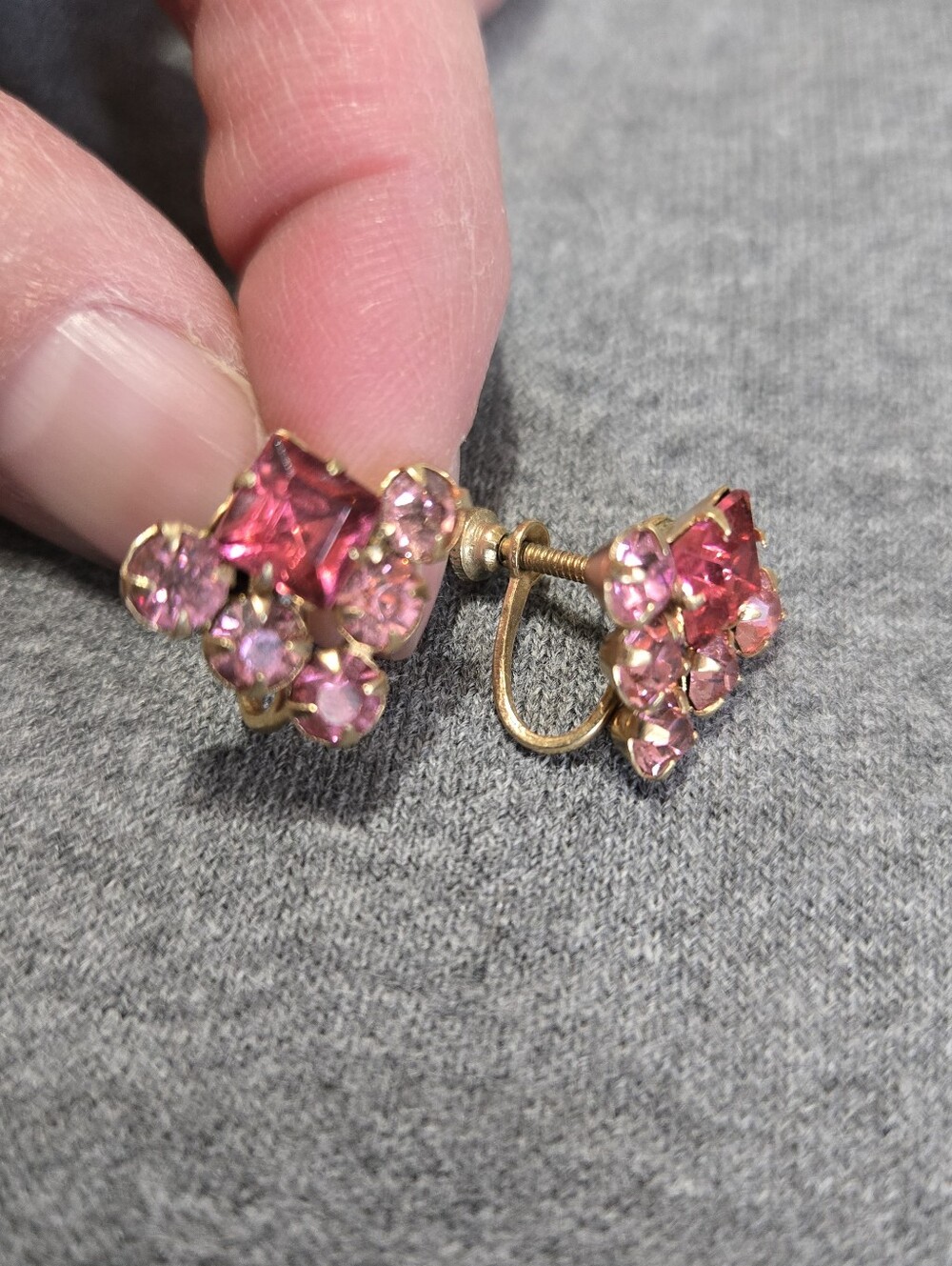 Vintage Pink Rhinestone Screw-Back Earrings Costume Jewelry Dress Up